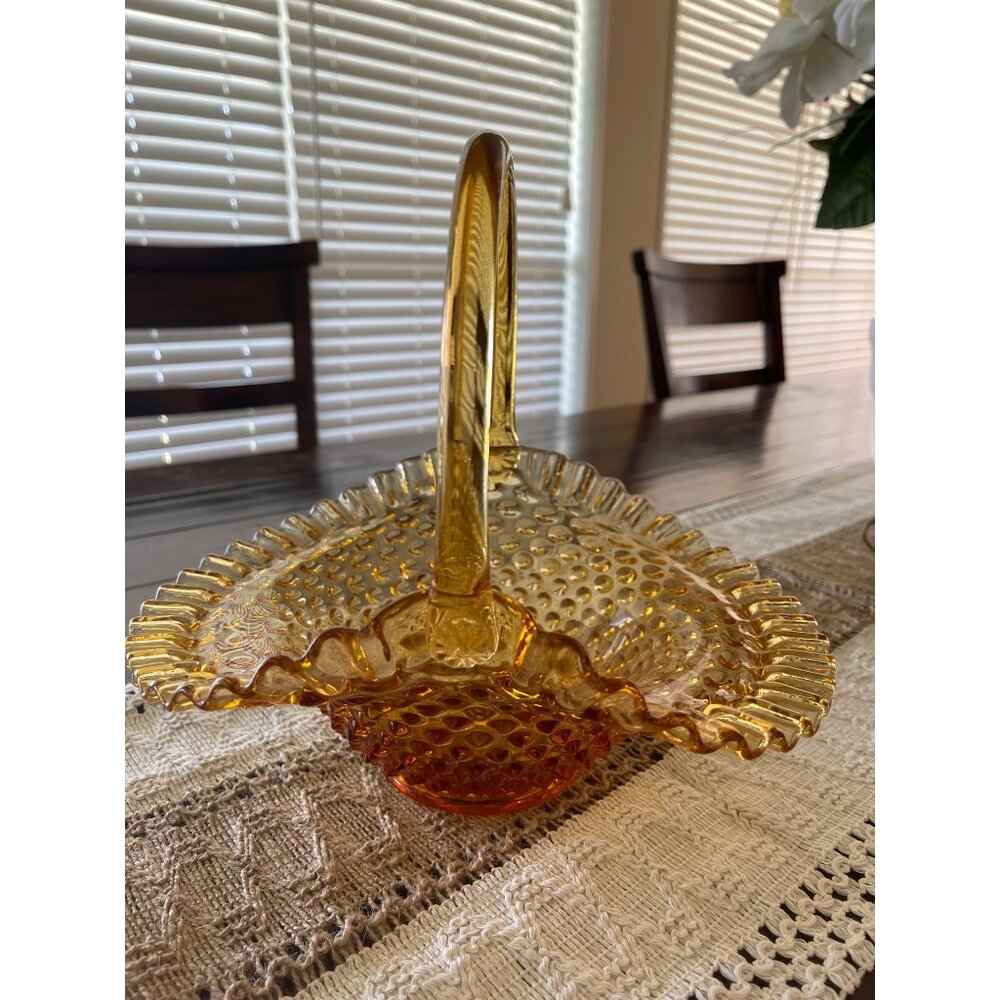 Fenton Hobnail Ruffled Bride Basket Amber Large